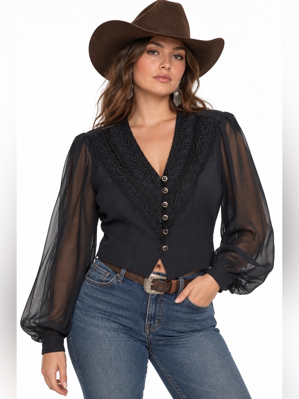 Vintage Western Whimsigoth Blouse Sheer Bishop Sleeve Lace Collar Boho Vampire